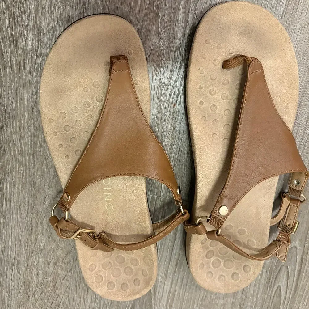 Vionic Kirra Women’s Sz 9 Tan Leather Orthotic Thong Sandals Slingback Comfort